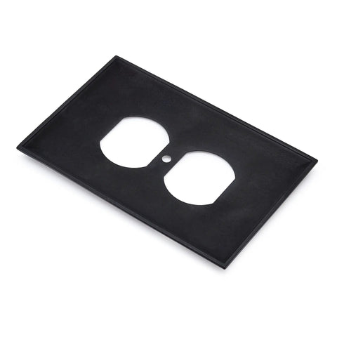 Decorative 1-Gang Duplex Wall Plate 3-Pack In Oil Rubbed Bronze Finish, Zinc Alloy Durability, angled view showing outlet openings.