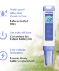 Image of Digital pH Meter With 0.01pH Precision, Pen Style pH Tester Kit, Waterproof, showing features like auto-off and low voltage indication.