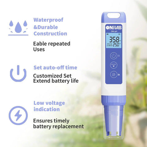 Image of Digital pH Meter With 0.01pH Precision, Pen Style pH Tester Kit, Waterproof, showing features like auto-off and low voltage indication.