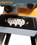 Close-up of Portable Miter Saw Stand With Quick Release Mounting Brackets 330 Lb Load Capacity 8 In Wheels Three Prong Outlets Folding Design For Easy Garage Storage Orange, showing the three-prong outlets.
