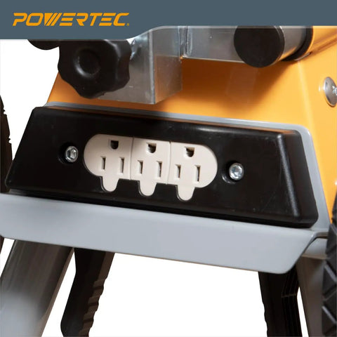 Close-up of Portable Miter Saw Stand With Quick Release Mounting Brackets 330 Lb Load Capacity 8 In Wheels Three Prong Outlets Folding Design For Easy Garage Storage Orange, showing the three-prong outlets.