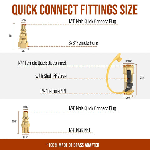 Diagram of 7 Piece Propane Quick Connect Fittings Kit For RV To Grill Or Cooking Heavy Duty Brass Adapters with measurements