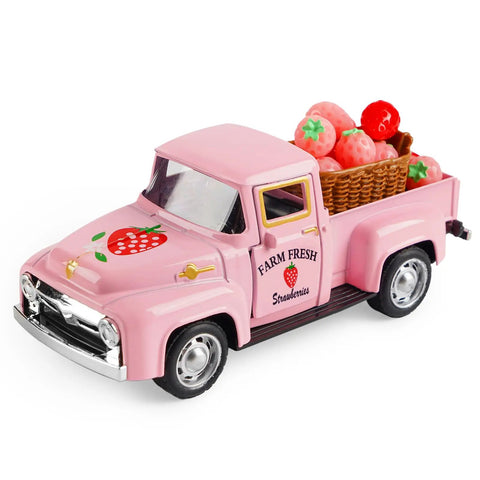 Pink Strawberry Pickup Truck Decor With Realistic Faux Strawberries For A Cute Cozy Farmhouse Tiered Tray Accent In Spring Country