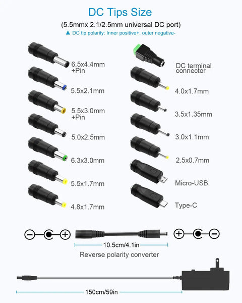Image showing 14 interchangeable tips for the All-In-One 30W Universal Power Adapter With Adjustable DC Output 3V To 12V, 2.5A Max.