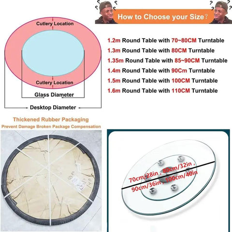Diagram showing size guide for transparent tempered glass Lazy Susan turntable 40 inch for various table sizes.