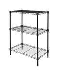 Heavy Duty 3 Tier Wire Shelving Rack, Adjustable Freestanding Storage Organizer, black steel construction for home office use.