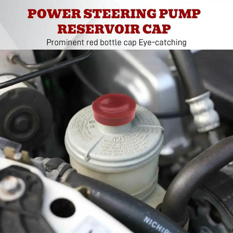 Heavy Duty Red Hydraulic Power Steering Reservoir Cap Slick Aftermarket Fluid Lid Cover for smooth ride, installed on pump