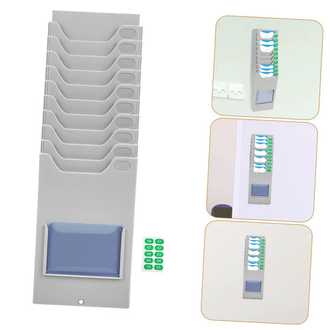 Heavy Duty Material Card Holder Rack For Office Document Organization, grey metal unit with slots for time cards and labels.