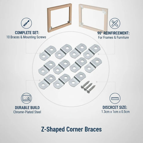 10 Pack Z Shaped Corner Braces Chrome Plated Steel Right Angle Connectors for Picture Frame Assembly and Furniture Repair