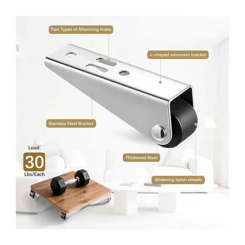 Heavy Hauling Farm Gate Roller Wheels Kit With Slick Ball Bearing Glide, Rock Solid Anti Sag Hardware, No Fuss Low Profile Sliding Rollers For Barns And Wooden Gates, Six Piece Set mounting bracket with nylon wheels and stainless steel.