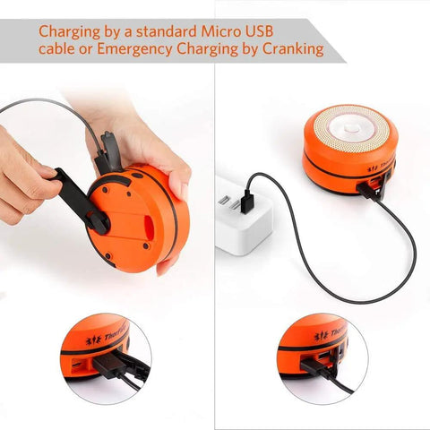 USB Rechargeable Camping Lantern With Hand Crank showing charging by cable and hand crank mechanism
