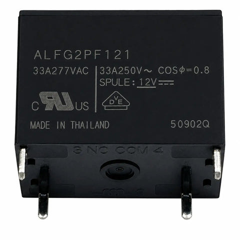 Heavy Duty 12V DC Coil Power Relay 33A SPST NO Four Pin Through Hole PCB Mount in black housing, showing terminal pins.