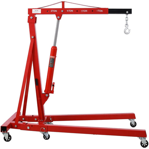 Heavy Duty Two Ton Folding Engine Hoist Cherry Picker Shop Crane with hydraulic ram and six swivel casters for easy maneuvering.