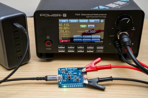 Power-Z SINK240 USB PD3.1 Trigger Board USB C Decoy Module 240W 48V PPS AVS Voltage Tester in testing setup on lab bench