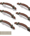 Six Retro Style Leather Furniture Pull Handles Set 6.3 Inch Length for Drawers Cabinets and PU Suitcases Brown, includes 12 screws