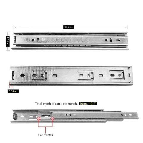 Heavy Duty 10 Inch Full Extension Ball Bearing Drawer Slides With Silent Close Design For Kitchen Cabinets And Quick Fixes, metal rails shown.