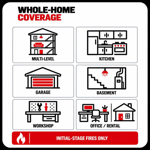 Infographic showing whole-home fire coverage zones: multi-level, kitchen, garage, basement, workshop, office, rental.