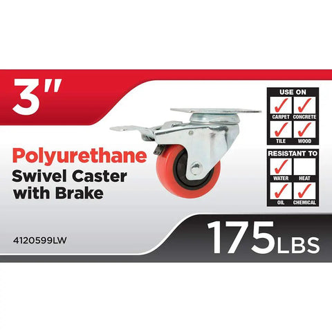 Tough As Nails 3 Inch Polyurethane Swivel Caster Wheels With Locking Brake Heavy Duty 175 Lb Rolling Casters For Shop Carts And Workbenches Premium Abrasion Resistant Red Wheels Pack Of 2
