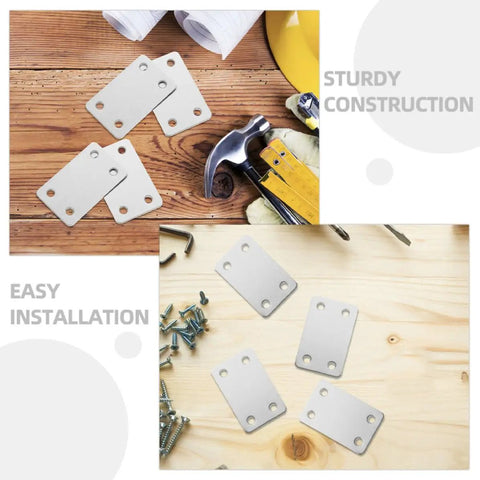 Flat Steel Mending Plate Bracket Set With Screws 20 Pack For Woodworking And Home Improvement shown with tools on wood surface