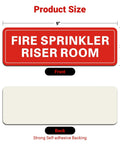 Hella Durable Fire Sprinkler Riser Room Sign Two Pack Self Adhesive Aluminum Warning Tag For Home Garage Or Business Reflective Weatherproof Fade Resistant 9X3 Inch Safety Label, showing dimensions and adhesive backing.