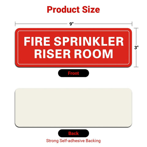 Hella Durable Fire Sprinkler Riser Room Sign Two Pack Self Adhesive Aluminum Warning Tag For Home Garage Or Business Reflective Weatherproof Fade Resistant 9X3 Inch Safety Label, showing dimensions and adhesive backing.