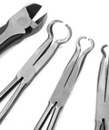 Nine Piece 11 Inch Long Reach Needle Nose Pliers Set For Tight Spots Bent Nose 45 Degree And 90 Degree Diagonal Pliers Electrician Craft Hobby Pliers With Non Slip PVC Dipped Handles And Pouch, showing four different types of plier noses.