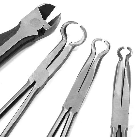 Nine Piece 11 Inch Long Reach Needle Nose Pliers Set For Tight Spots Bent Nose 45 Degree And 90 Degree Diagonal Pliers Electrician Craft Hobby Pliers With Non Slip PVC Dipped Handles And Pouch, showing four different types of plier noses.