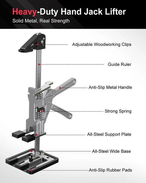 Heavy-duty all-metal hand jack lifter with adjustable clips, guide ruler, anti-slip handle, and steel support for lifting tasks.