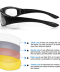 Slick And Tight Motorcycle Riding Glasses With Thick Silicone Padding For Knockout Windproof Dustproof Shield Rad UV400 Polycarbonate Lenses side view showing clear, smoke, pink, and yellow lenses.