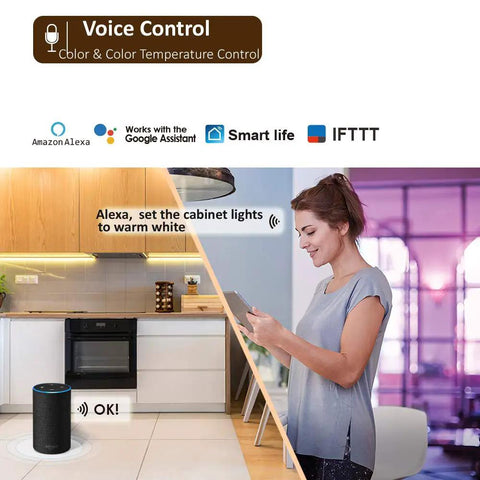 Under Cabinet Lighting Kit With Voice Control And App, LED Bar Lights For Kitchen Shelves And Countertops, woman using smart device