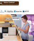 Under Cabinet LED Lights With Alexa And Google Home Control, woman using app and Alexa for kitchen lighting adjustment