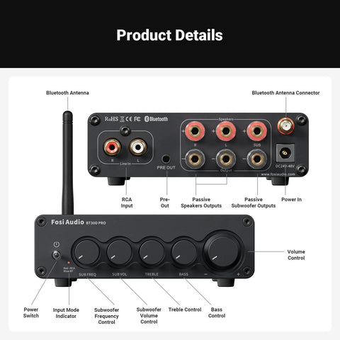 BT30D Pro Two Point One Channel Bluetooth Subwoofer Amplifier with TPA3255 chips, rear connection ports and control knobs visible.