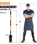 Beefy Heavy Duty Digging Shovel With Fiberglass Handle For Gardening, shown with measurements next to person for reference.