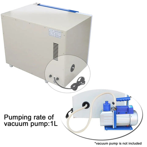 Back view of 0.9 Cu Ft Vacuum Drying Oven with Digital Temperature Control, showing pump connection, 110V, 1kW, PID heating.