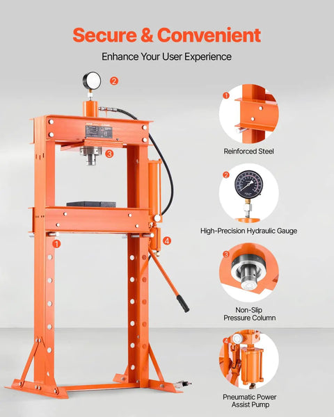 Pro Crew Badass 30 Ton H Frame Hydraulic Shop Press With Heavy Steel Platen And Automatic Relief Valve For Swapping Car Bushings Ball Joints Garage Metalwork Setup, featuring reinforced steel and hydraulic gauge.
