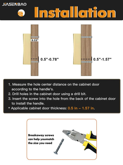 Installation guide for Top Shelf 10 Pack Brushed Gold Cabinet Pulls with measurements and breakaway screw details.