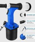 Pneumatic Blind Rivet Gun Kit With Self Priming Action in blue, featuring a discarded rivet box, alloy gun head, and air relief valve.