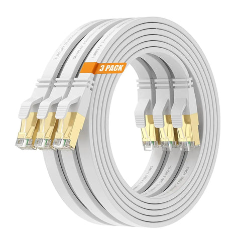 Cat8 Ethernet Cable 10 Ft White Ultra Fast Flat Patch Cable With Ground Wire And Shielding Gold Plated RJ45 For PS5 PS4 Xbox 3 Pack