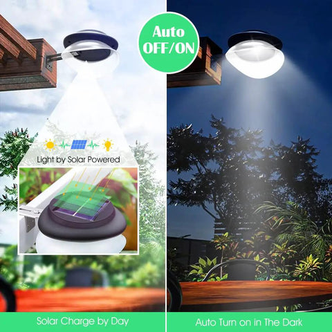 UFO Style Solar Gutter Lights Outdoor Waterproof LED Fence And Deck Lighting, auto on off, mounted on deck railing, night view