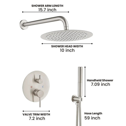 Two Function Shower Faucet Set With Wall Mount High Pressure Brass Valve And Rough In Included Handheld Showerhead 10 Inch Round Rainfall Shower Head Brushed Nickel Finish SUS304 Stainless Steel Construction Premium Bathroom Upgrade dimensions