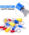 360 Piece Quick Disconnect Crimp Terminal Assortment Kit with Insulated Ring Terminals in various colors, showing copper and PVC materials.