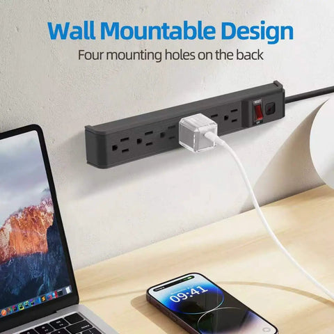 Must Have Workspace Essential Featuring Six Heavy Duty Outlets And Legit Surge Protector Rated At 600 Joules Along With 15 Amp Capacity While Shielding Devices From Dangerous Voltage Spikes Daily Use, wall mountable power strip with four mounting holes.
