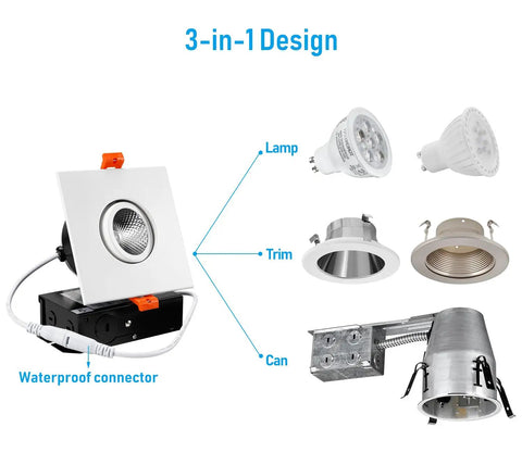 Three Inch Gimbal LED Recessed Light With Junction Box Pack Of 6, 7W Canless Dimmable Square Ceiling Light With CRI 90, 2700K Soft White, Swivel Adjustable, Easy Install, ETL And Energy Star Certified