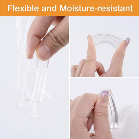 Mini Self Adhesive Drawer Pulls 12 Pack Clear Silicone Handles for Cabinets and Dressers No Punch Install Waterproof Non Toxic Easy Grip for Glass Doors and Windows, flexible clear silicone handle shown bent and water resistant