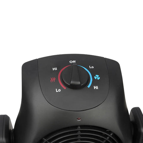 Close-up of controls on 2 In 1 Space Heater And Fan For Home And Office Portable 1500W Energy Efficient Adjustable Tilt Two Heat Settings
