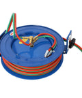 Retractable Welding Hose Reel With 1/4 Inch By 100 Foot Twin Oxygen And Acetylene Rubber Hoses on blue steel reel, 200 PSI