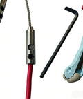 Heavy Duty Stainless Steel Wire Grip T-Type Puller For Electricians with red wire, hex key, and a utility knife on white background.