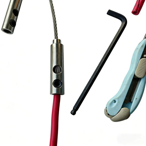 Heavy Duty Stainless Steel Wire Grip T-Type Puller For Electricians with red wire, hex key, and a utility knife on white background.