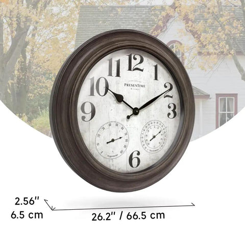 26 Inch Indoor And Outdoor Farmhouse Clock With Thermometer And Hygrometer All In One Weather Station in grey oak finish