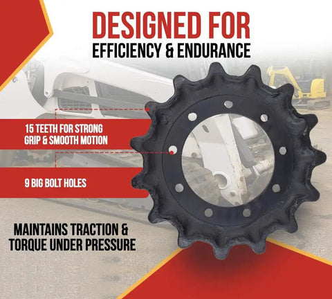 Top Shelf 2 Pack 15 Tooth Drive Sprocket For Kubota SVL75 SVL75 2 SVL75C Skid Steer Loader showing 15 teeth and 9 bolt holes.